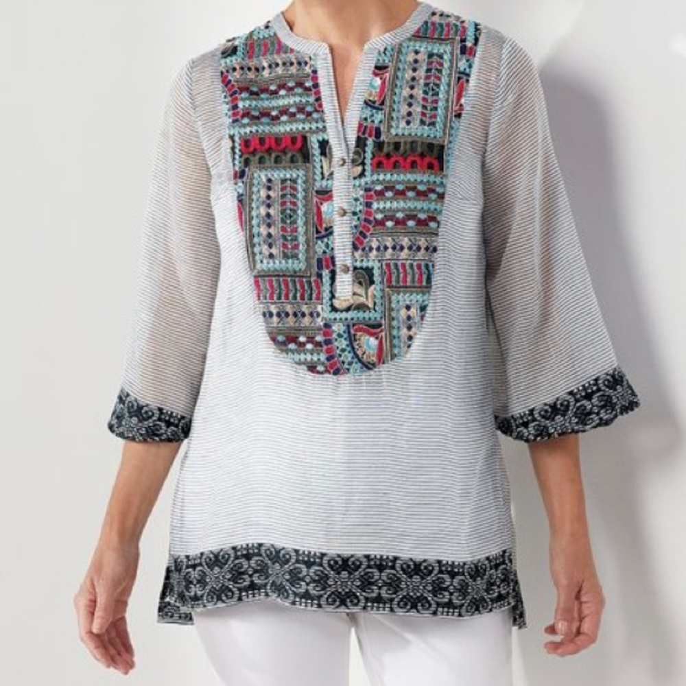 SOFT Surroundings Embroidered Front Striped Tunic Top